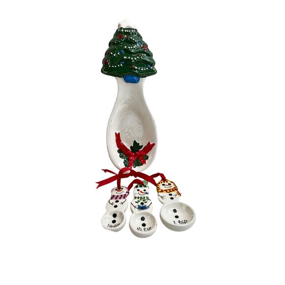 Vintage Loomco 1994 Ceramic Tree Spoon Rest & Snowman Christmas Measuring Spoons - Picture 2 of 7
